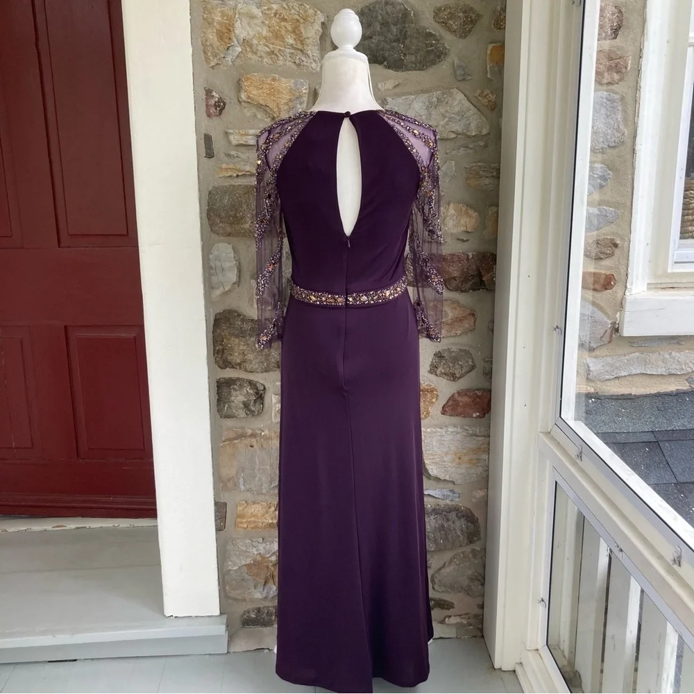 TERANI EVENING M1447 Embellished Beaded Jersey Sheer Sleeve Gown Womens 8 - Picture 10 of 16